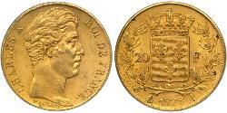 20 Франк Kingdom of France (1815-1830) Золото Карл X король Франции (1757-1836)