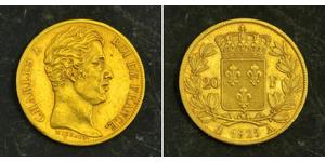 20 Франк Kingdom of France (1815-1830) Золото Карл X король Франції (1757-1836)
