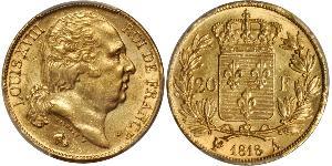 20 Франк Kingdom of France (1815-1830) Золото Людовик XVIII (1755-1824)