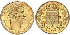 20 Франк Kingdom of France (1815-1830) Золото Карл X король Франции (1757-1836)