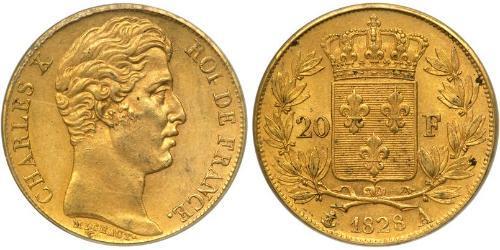 20 Франк Kingdom of France (1815-1830) Золото Карл X король Франції (1757-1836)