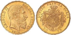 20 Франк Бельгия Золото Леопольд II (1835 - 1909)