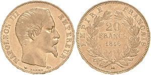 20 Франк Вторая французская империя (1852-1870) Золото Наполеон III Бонапарт (1808-1873)