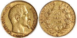 20 Франк Вторая французская империя (1852-1870) Золото Наполеон III Бонапарт (1808-1873)