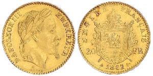 20 Франк Вторая французская империя (1852-1870) Золото Наполеон III Бонапарт (1808-1873)