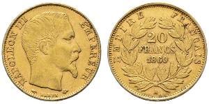 20 Франк Вторая французская империя (1852-1870) Золото Наполеон III Бонапарт (1808-1873)