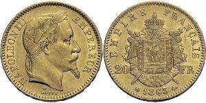 20 Франк Вторая французская империя (1852-1870) Золото Наполеон III Бонапарт (1808-1873)