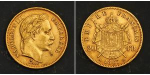 20 Франк Вторая французская империя (1852-1870) Золото Наполеон III Бонапарт (1808-1873)