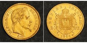 20 Франк Вторая французская империя (1852-1870) Золото Наполеон III Бонапарт (1808-1873)