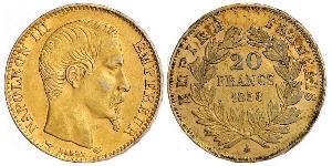 20 Франк Вторая французская империя (1852-1870) Золото Наполеон III Бонапарт (1808-1873)