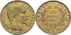 20 Франк Вторая французская империя (1852-1870) Золото Наполеон III Бонапарт (1808-1873)