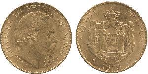 20 Франк Монако Золото Карл III князь Монако (1818-1889)