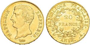 20 Франк Первая Французская империя (1804-1814) Золото Наполеон I(1769 - 1821)