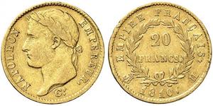 20 Франк Первая Французская империя (1804-1814) Золото Наполеон I(1769 - 1821)