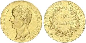 20 Франк Первая Французская империя (1804-1814) Золото Наполеон I(1769 - 1821)