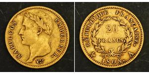 20 Франк Первая Французская империя (1804-1814) Золото Наполеон I(1769 - 1821)