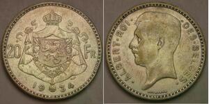 20 Франк Бельгія Срібло Альберт I (король Бельгії)(1875 - 1934)
