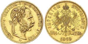 20 Франк / 8 Флорін Австро-Угорщина (1867-1918) Золото Франц Иосиф I (1830 - 1916)