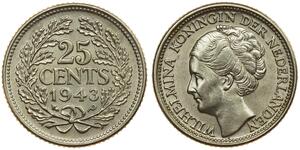 25 Cent Royaume des Pays-Bas (1815 - ) Argent Wilhelmine (reine des Pays-Bas)(1880 - 1962)