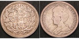 25 Cent Reino de los Países Bajos (1815 - ) Plata Guillermina de los Países Bajos(1880 - 1962)