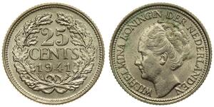 25 Cent Reino de los Países Bajos (1815 - ) Plata Guillermina de los Países Bajos(1880 - 1962)