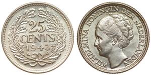25 Cent Königreich der Niederlande (1815 - ) Silber Wilhelmina (Niederlande)(1880 - 1962)