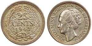25 Cent Königreich der Niederlande (1815 - ) Silber Wilhelmina (Niederlande)(1880 - 1962)