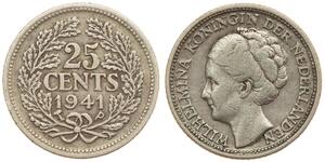 25 Cent Kingdom of the Netherlands (1815 - ) Silver Wilhelmina of the Netherlands (1880 - 1962)