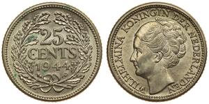 25 Cent Kingdom of the Netherlands (1815 - ) Silver Wilhelmina of the Netherlands (1880 - 1962)