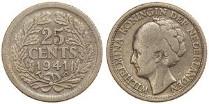 25 Cent Kingdom of the Netherlands (1815 - ) Silver Wilhelmina of the Netherlands (1880 - 1962)