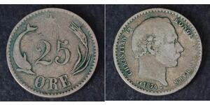 25 Ore Dinamarca Plata Christian IX de Dinamarca (1818-1906)