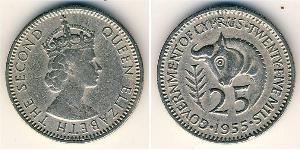25 Миль Британский Кипр (1878 - 1960) Никель/Медь Елизавета II (1926-2022)