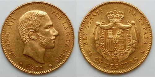 25 Песета Королівство Іспанія (1874 - 1931) Золото Alfonso XII of Spain (1857 -1885)