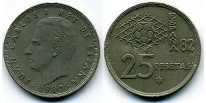 25 Песета Королівство Іспанія (1976 - ) Нікель/Мідь Хуан Карлос I (1938 - )