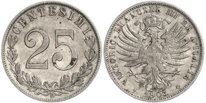 25 Сентесимо Kingdom of Italy (1861-1946) Серебро Виктор Эммануил III (1869 - 1947)
