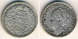 25 Cent Königreich der Niederlande (1815 - ) Silber Wilhelmina (Niederlande)(1880 - 1962)