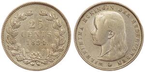 25 Цент Королівство Нідерланди (1815 - ) Срібло Вільгельміна (королева Нідерландів)(1880 - 1962)