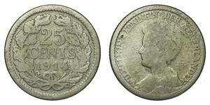 25 Цент Королівство Нідерланди (1815 - ) Срібло Вільгельміна (королева Нідерландів)(1880 - 1962)