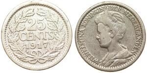 25 Цент Королівство Нідерланди (1815 - ) Срібло Вільгельміна (королева Нідерландів)(1880 - 1962)
