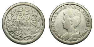 25 Цент Королівство Нідерланди (1815 - ) Срібло Вільгельміна (королева Нідерландів)(1880 - 1962)