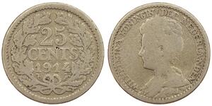 25 Цент Королівство Нідерланди (1815 - ) Срібло Вільгельміна (королева Нідерландів)(1880 - 1962)