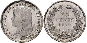 25 Цент Королівство Нідерланди (1815 - ) Срібло Вільгельміна (королева Нідерландів)(1880 - 1962)