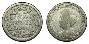 25 Цент Королівство Нідерланди (1815 - ) Срібло Вільгельміна (королева Нідерландів)(1880 - 1962)
