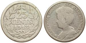 25 Цент Королівство Нідерланди (1815 - ) Срібло Вільгельміна (королева Нідерландів)(1880 - 1962)