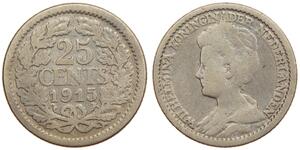 25 Цент Королівство Нідерланди (1815 - ) Срібло Вільгельміна (королева Нідерландів)(1880 - 1962)