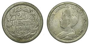 25 Цент Королівство Нідерланди (1815 - ) Срібло Вільгельміна (королева Нідерландів)(1880 - 1962)