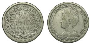 25 Цент Королівство Нідерланди (1815 - ) Срібло Вільгельміна (королева Нідерландів)(1880 - 1962)