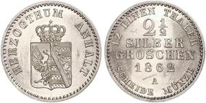 2.5 Silbergroschen Ангальт-Бернбург (1603 - 1863) Серебро Александр Карл ,герцог Ангальт-Бернбурга,(1805 – 1863)