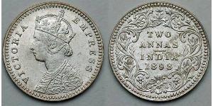 2 Anna British Raj (1858-1947) Silver Victoria (1819 - 1901)