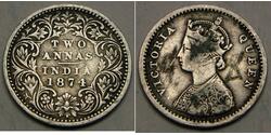 2 Anna British Raj (1858-1947) Silver Victoria (1819 - 1901)